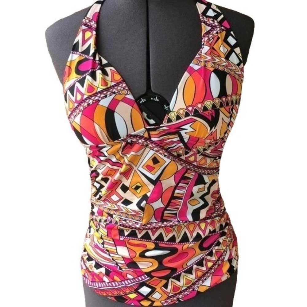 a.n.a. Tankini Halter Swim Top Pink/Orange Print Sz. 6